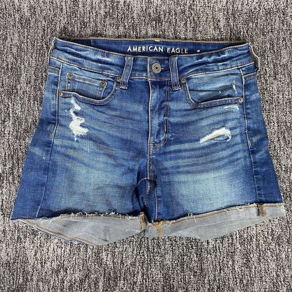 American Eagle Denim Shorts Womens 4 Blue Distressed Raw Hem Super Stretch